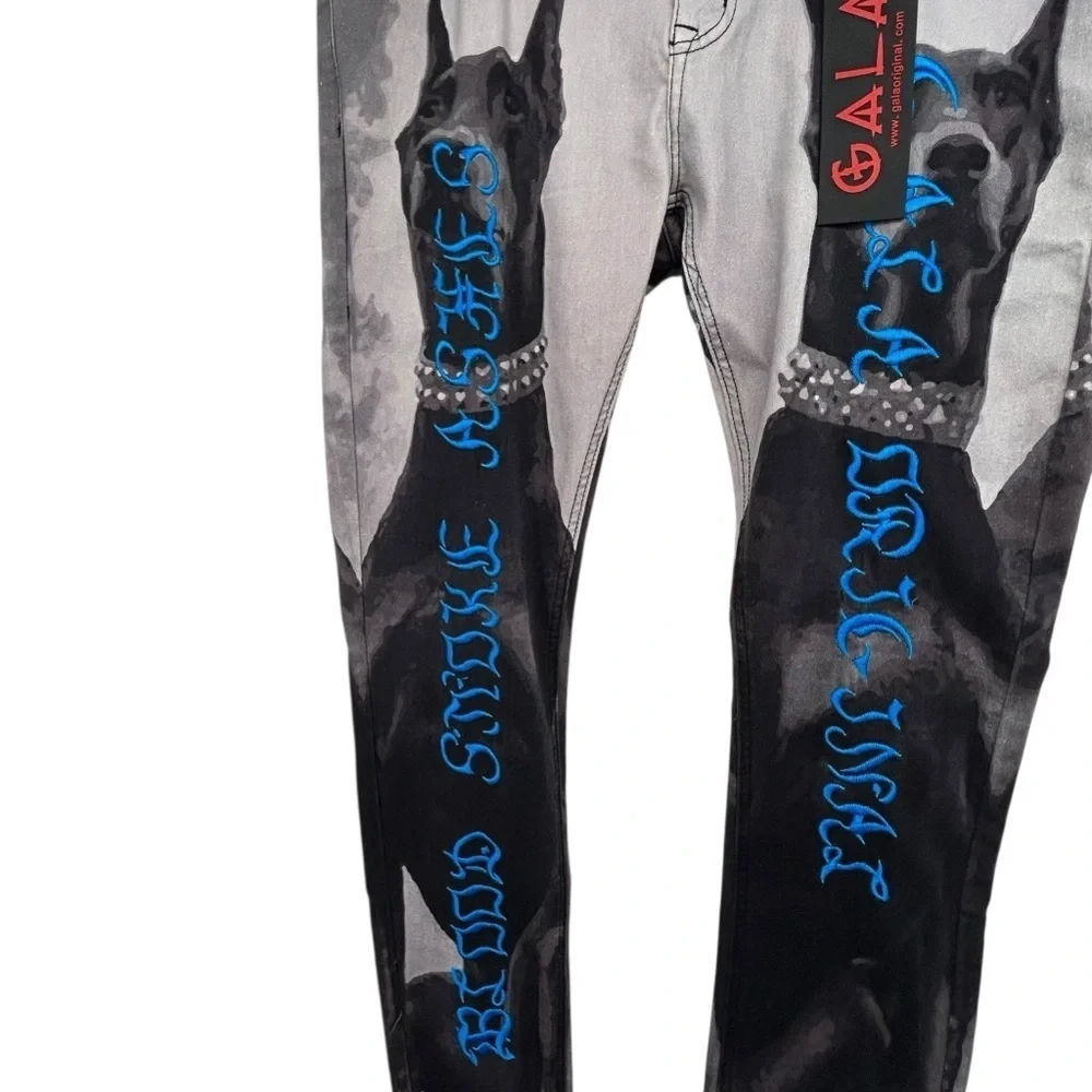 Gala Jeans NWT $180 Doberman Dog Graphic Gothic Blue Script Streetwear Sz W36 - Picture 3 of 16